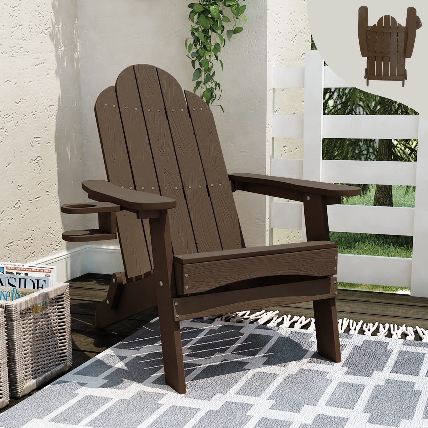 LUE BONA Folding Adirondack Chair Set of 4, Dark Gray HDPS Fire Pit Patio Chairs Weather Resistant, Modern Plastic Outdoor Chairs with Cup Holder | All-weather-resistant, ergonomic curved design, all-day comfortable sitting, HDPS Distinct texture & vibran