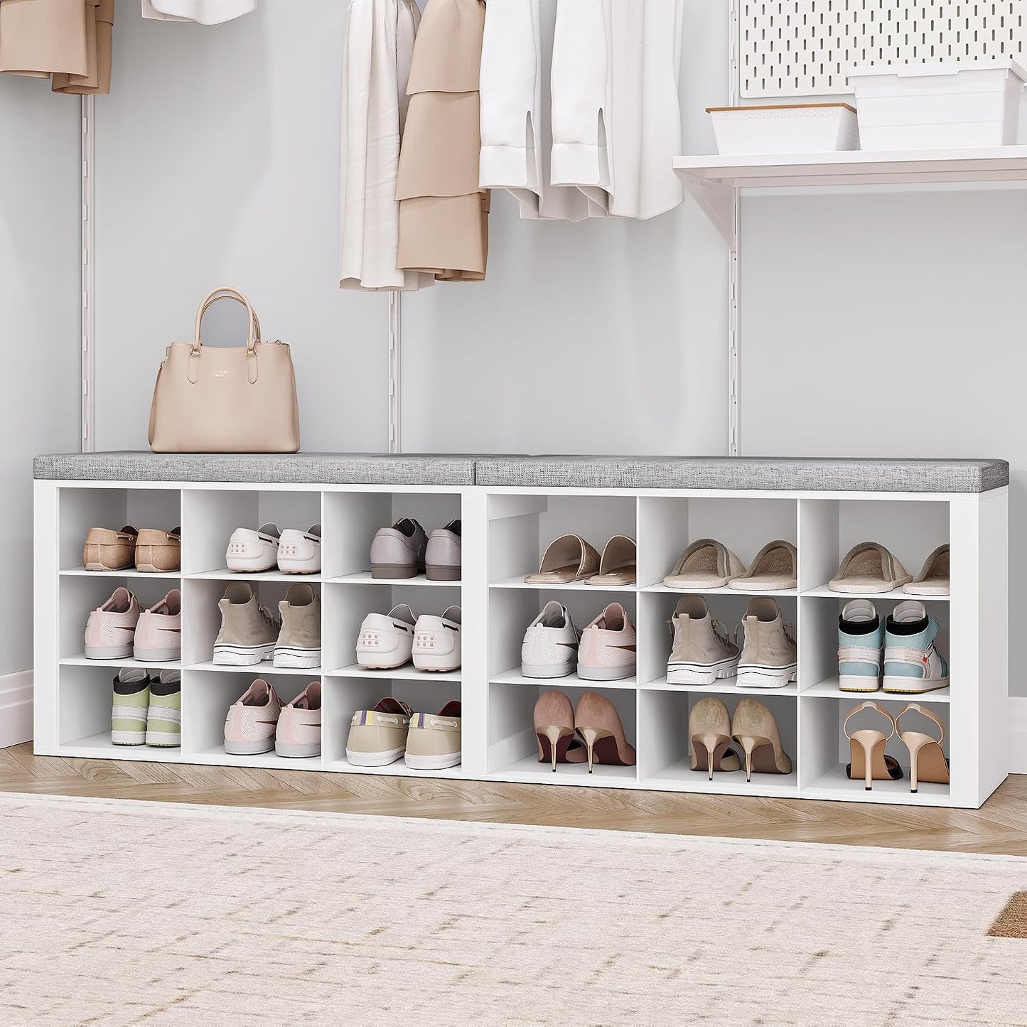 Hzuaneri Shoe Storage Bench with Cushion, Storage Bench with 18 Cubbies | 9.5" Widened Organizer Cabinet, Bench with Storage, Long Cubby Rack for Living Room, Bedroom, Entryway, White SB25703GY