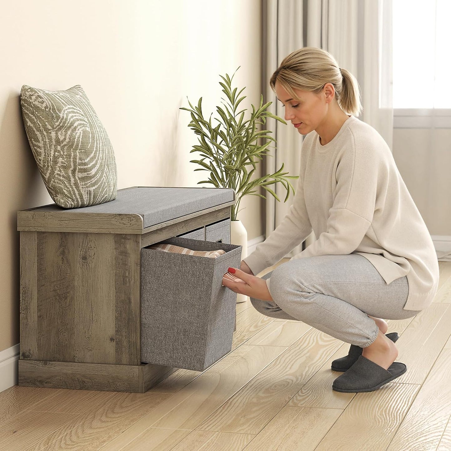 HOMCOM Shoe Bench with Seat Cushion 3 Foldable Fabric Drawers Washed Grey | Entryway Bench, Hallway, Living Room