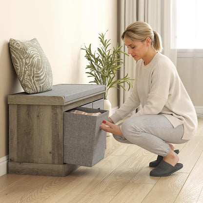 HOMCOM Shoe Bench with Seat Cushion 3 Foldable Fabric Drawers Washed Grey | Entryway Bench, Hallway, Living Room