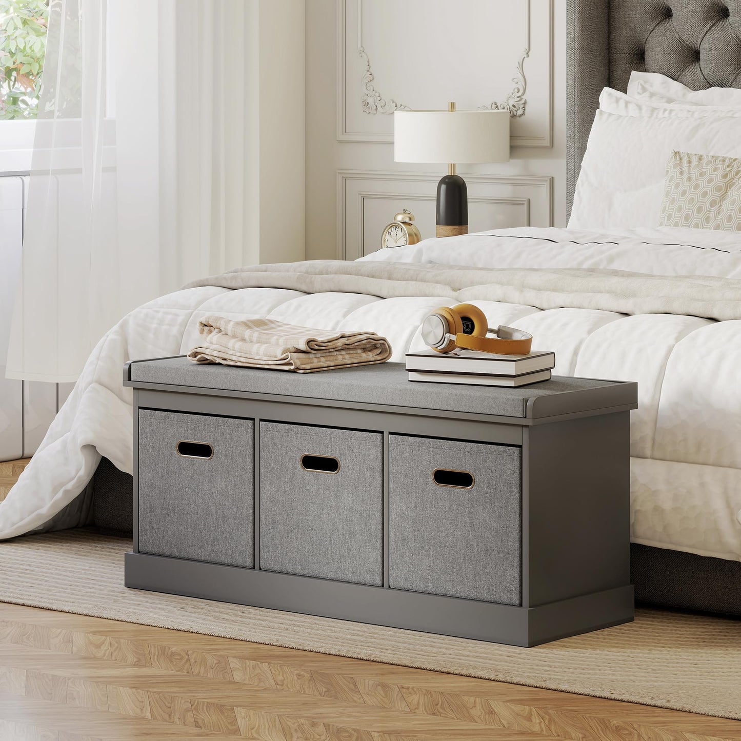 HOMCOM Shoe Bench with Seat Cushion 3 Foldable Fabric Drawers Washed Grey | Entryway Bench, Hallway, Living Room