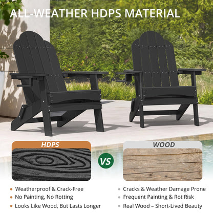 LUE BONA Folding Adirondack Chair Set of 4, Dark Gray HDPS Fire Pit Patio Chairs Weather Resistant, Modern Plastic Outdoor Chairs with Cup Holder | All-weather-resistant, ergonomic curved design, all-day comfortable sitting, HDPS Distinct texture & vibran
