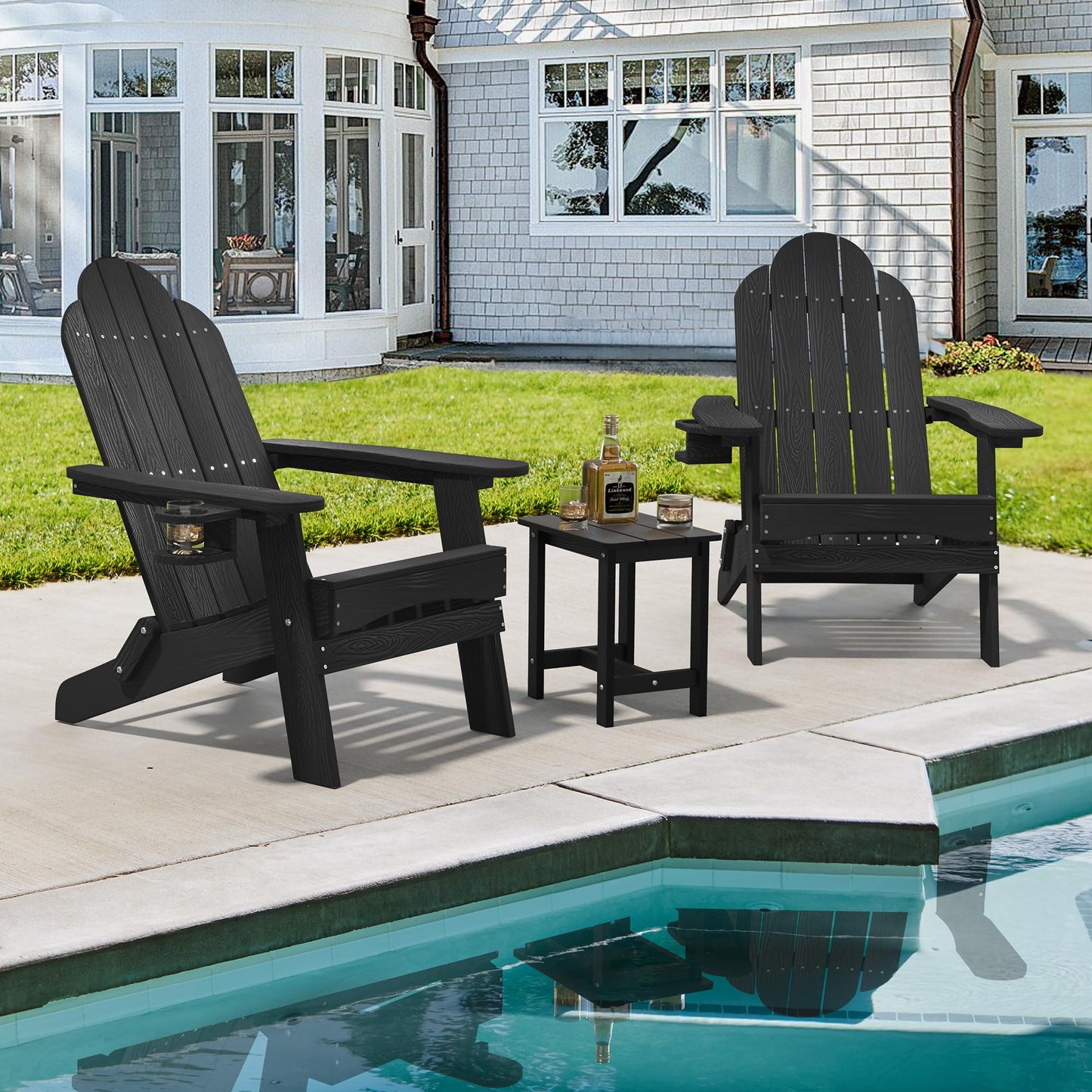 LUE BONA Folding Adirondack Chair Set of 4, Dark Gray HDPS Fire Pit Patio Chairs Weather Resistant, Modern Plastic Outdoor Chairs with Cup Holder | All-weather-resistant, ergonomic curved design, all-day comfortable sitting, HDPS Distinct texture & vibran
