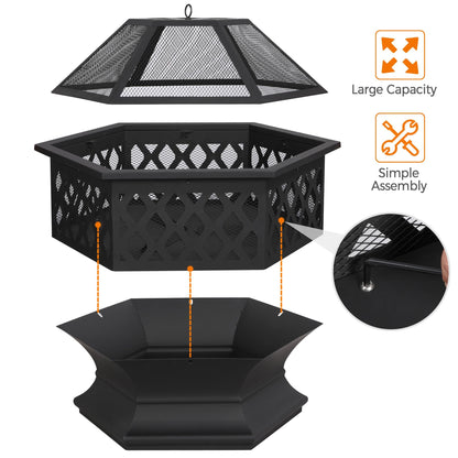 Yaheetech Hexagon Fire Pit Fireplace Portable Firepit Iron Brazier Wood Burning Coal Pit Hex Shaped Fire Bowl Stove with Spark Screen Cover for Outdoor Outside Camping Patio Garden Backyard 24in Black