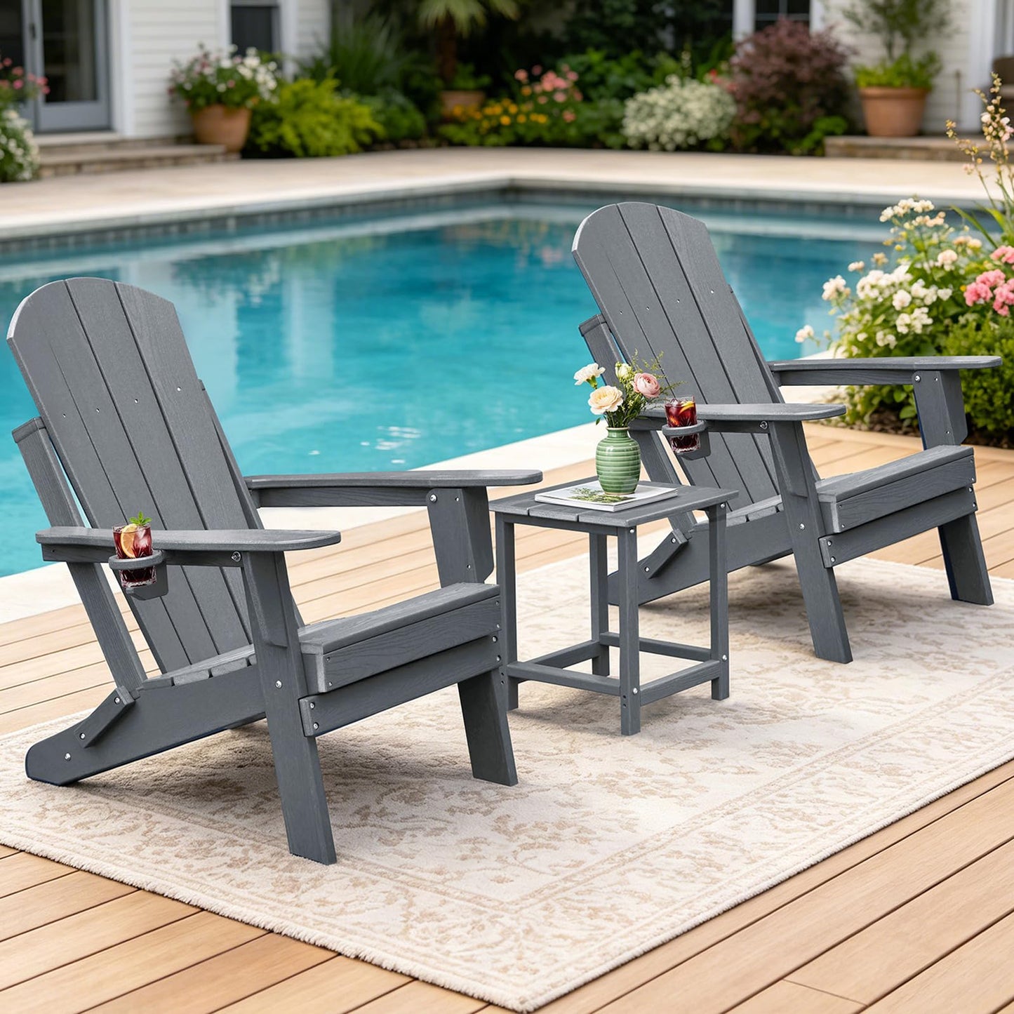 Skypatio 3 Pieces Folding Adirondack Chairs Set, Weather Resistant Adirondack Chairs Set of 2 with Cup Holder and 1 Side Table, 380 lb Weight Capacity Portable Patio Fire Pit Chairs (Gray)