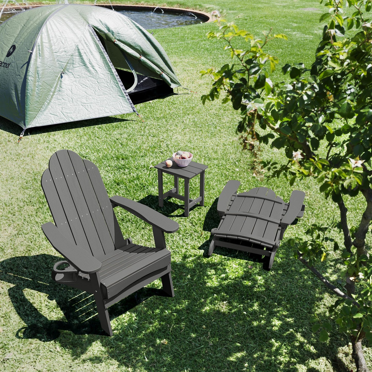 LUE BONA Folding Adirondack Chair Set of 4, Dark Gray HDPS Fire Pit Patio Chairs Weather Resistant, Modern Plastic Outdoor Chairs with Cup Holder | All-weather-resistant, ergonomic curved design, all-day comfortable sitting, HDPS Distinct texture & vibran