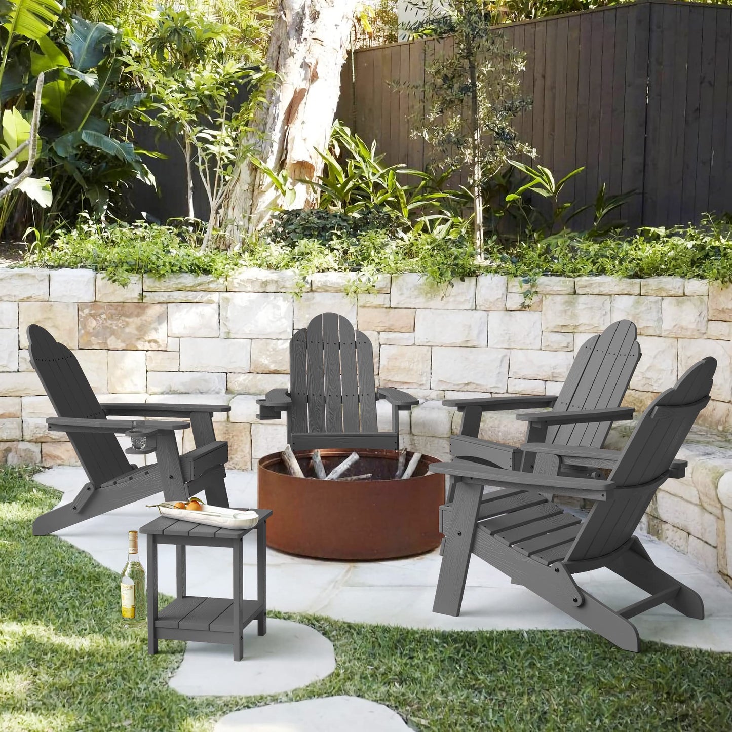 LUE BONA Folding Adirondack Chair Set of 4, Dark Gray HDPS Fire Pit Patio Chairs Weather Resistant, Modern Plastic Outdoor Chairs with Cup Holder | All-weather-resistant, ergonomic curved design, all-day comfortable sitting, HDPS Distinct texture & vibran