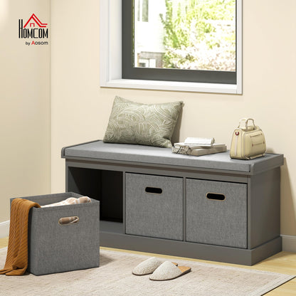 HOMCOM Shoe Bench with Seat Cushion 3 Foldable Fabric Drawers Washed Grey | Entryway Bench, Hallway, Living Room
