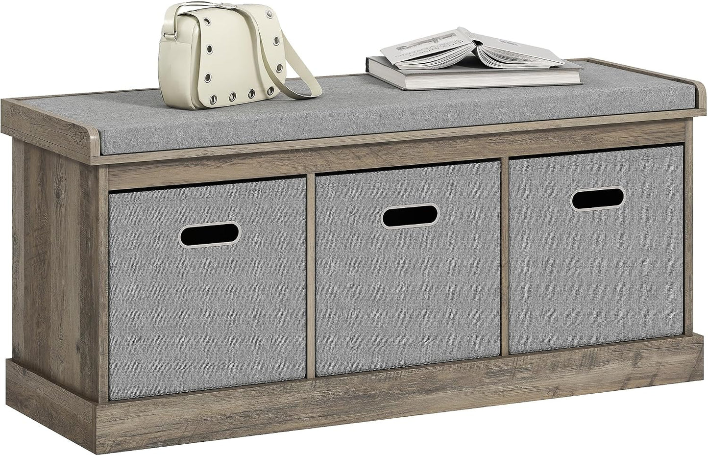HOMCOM Shoe Bench with Seat Cushion 3 Foldable Fabric Drawers Washed Grey | Entryway Bench, Hallway, Living Room