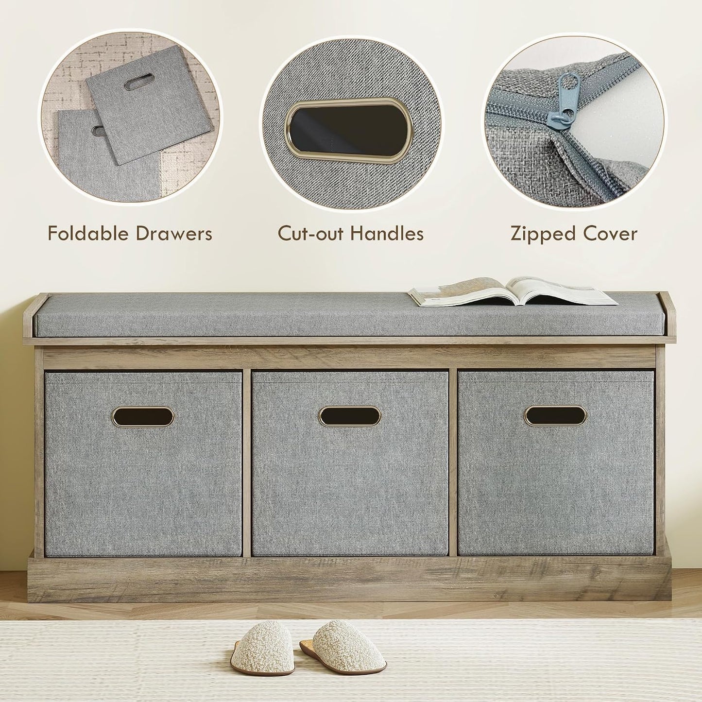 HOMCOM Shoe Bench with Seat Cushion 3 Foldable Fabric Drawers Washed Grey | Entryway Bench, Hallway, Living Room