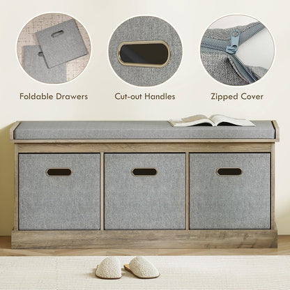 HOMCOM Shoe Bench with Seat Cushion 3 Foldable Fabric Drawers Washed Grey | Entryway Bench, Hallway, Living Room