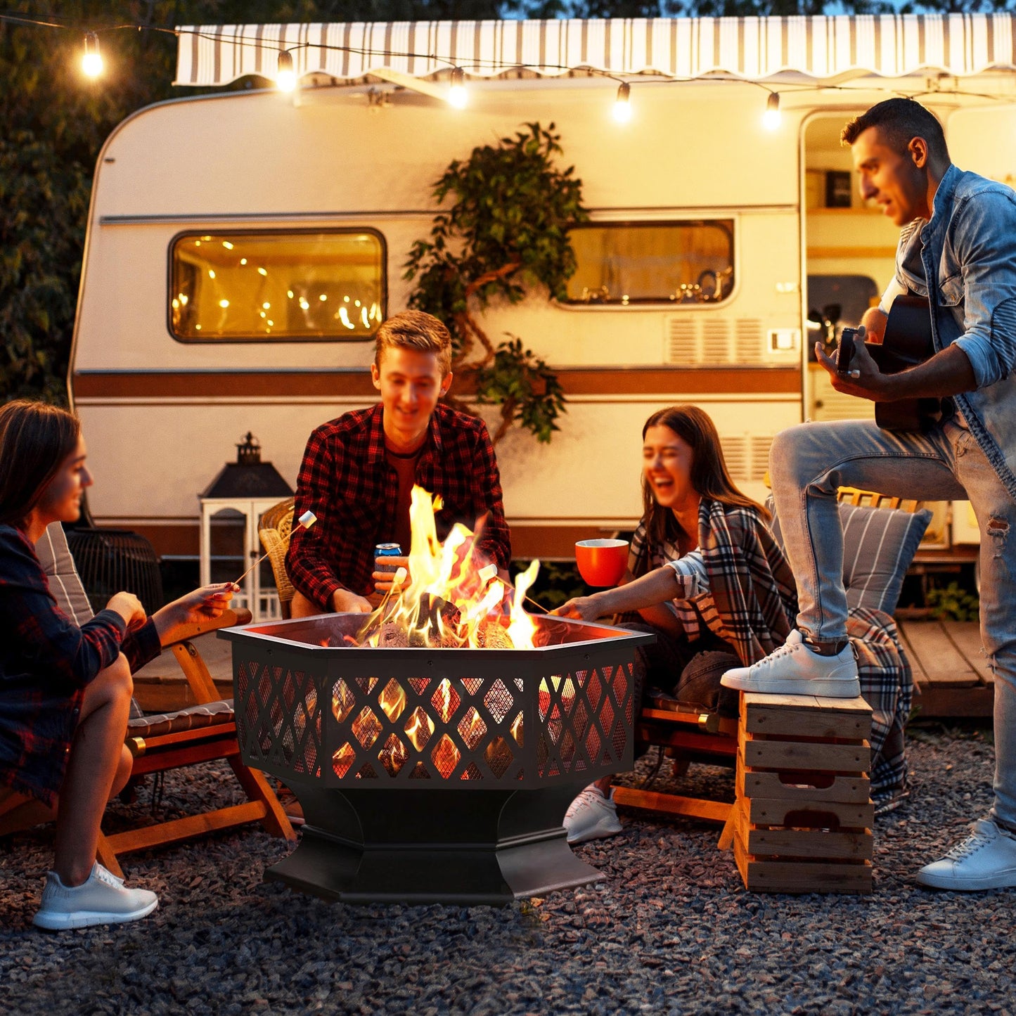 Yaheetech Hexagon Fire Pit Fireplace Portable Firepit Iron Brazier Wood Burning Coal Pit Hex Shaped Fire Bowl Stove with Spark Screen Cover for Outdoor Outside Camping Patio Garden Backyard 24in Black