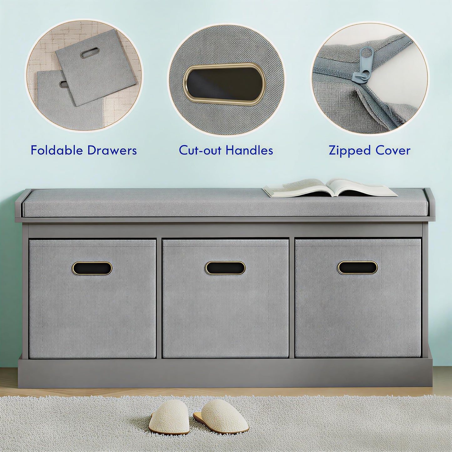 HOMCOM Shoe Bench with Seat Cushion 3 Foldable Fabric Drawers Washed Grey | Entryway Bench, Hallway, Living Room