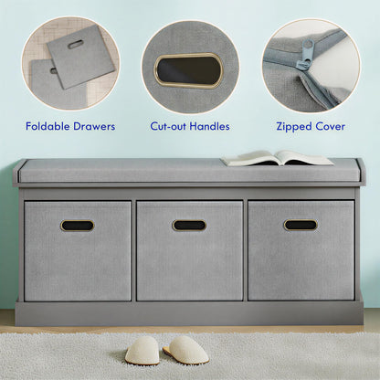 HOMCOM Shoe Bench with Seat Cushion 3 Foldable Fabric Drawers Washed Grey | Entryway Bench, Hallway, Living Room