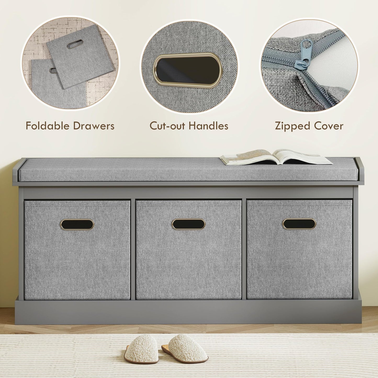 HOMCOM Shoe Bench with Seat Cushion 3 Foldable Fabric Drawers Washed Grey | Entryway Bench, Hallway, Living Room