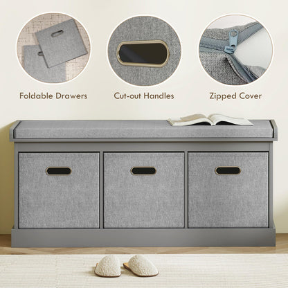 HOMCOM Shoe Bench with Seat Cushion 3 Foldable Fabric Drawers Washed Grey | Entryway Bench, Hallway, Living Room