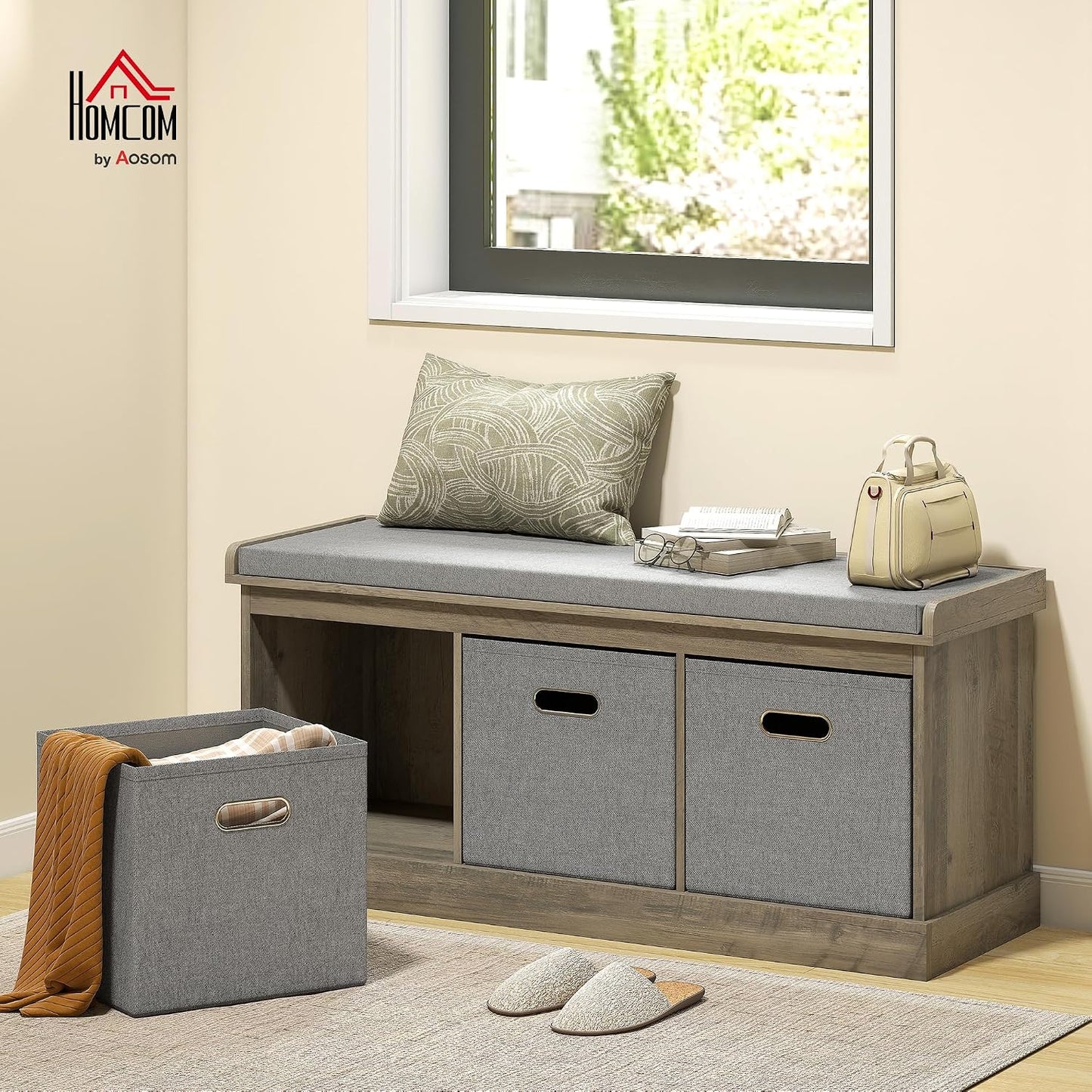 HOMCOM Shoe Bench with Seat Cushion 3 Foldable Fabric Drawers Washed Grey | Entryway Bench, Hallway, Living Room