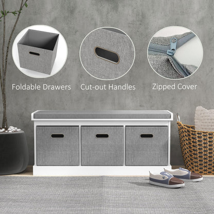 HOMCOM Shoe Bench with Seat Cushion 3 Foldable Fabric Drawers Washed Grey | Entryway Bench, Hallway, Living Room