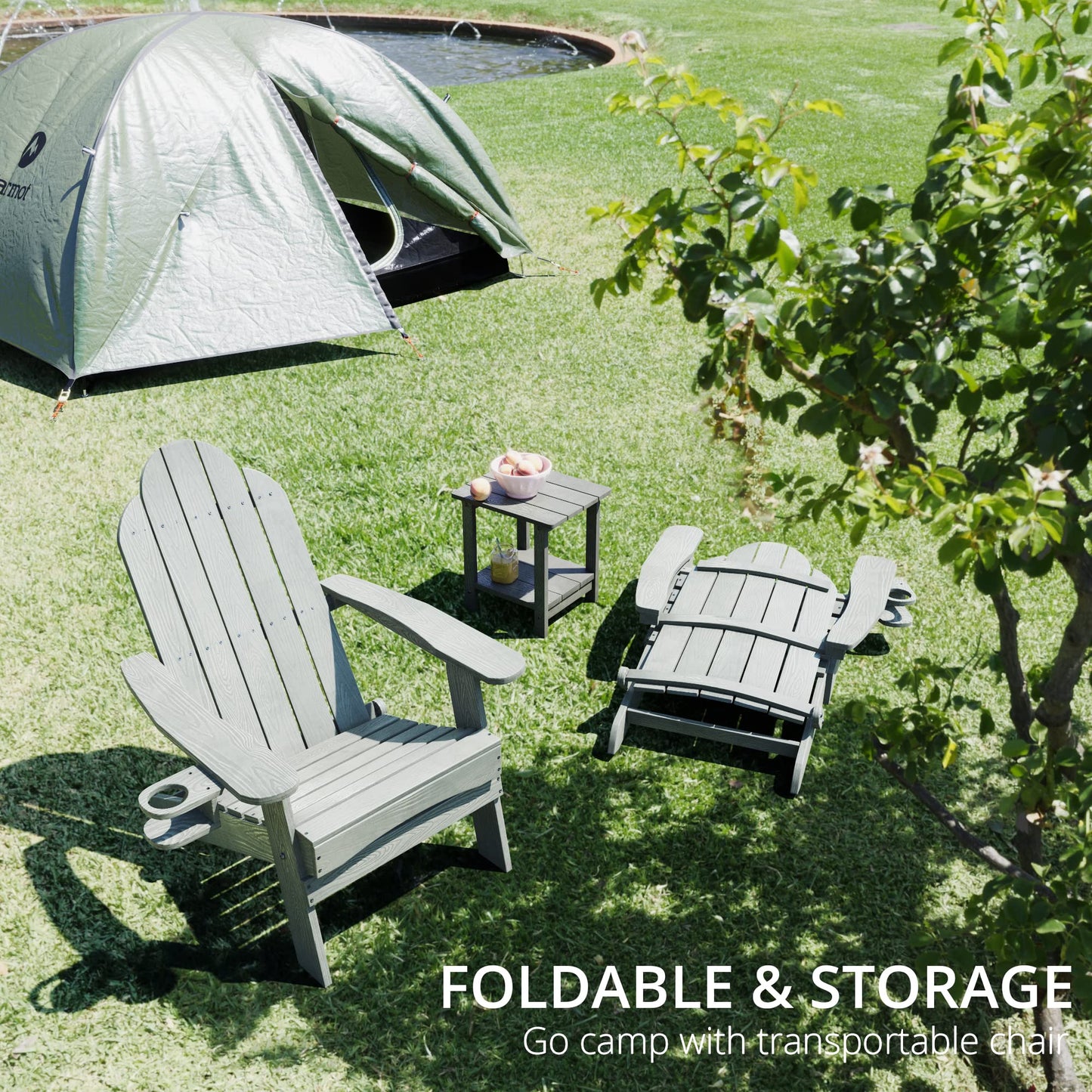 LUE BONA Folding Adirondack Chair Set of 4, Dark Gray HDPS Fire Pit Patio Chairs Weather Resistant, Modern Plastic Outdoor Chairs with Cup Holder | All-weather-resistant, ergonomic curved design, all-day comfortable sitting, HDPS Distinct texture & vibran