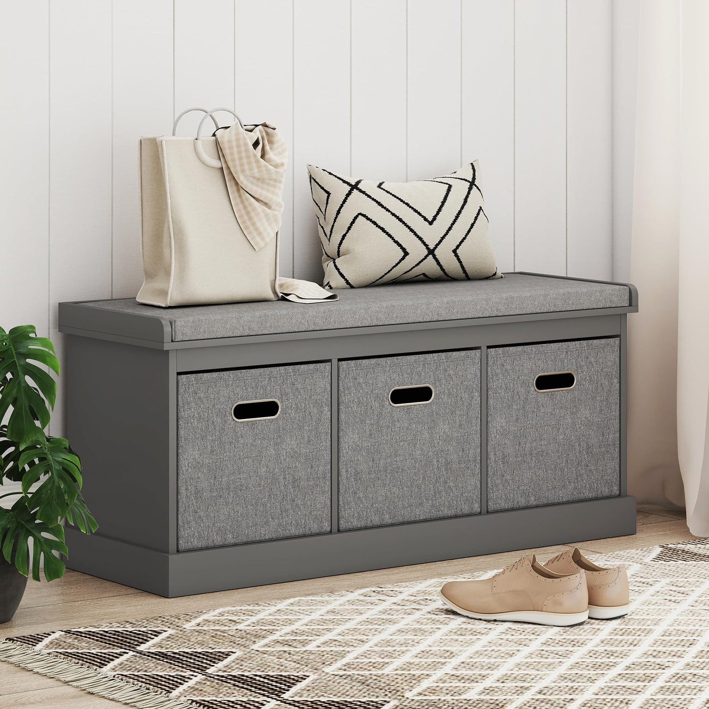 HOMCOM Shoe Bench with Seat Cushion 3 Foldable Fabric Drawers Washed Grey | Entryway Bench, Hallway, Living Room