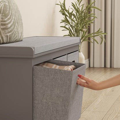 HOMCOM Shoe Bench with Seat Cushion 3 Foldable Fabric Drawers Washed Grey | Entryway Bench, Hallway, Living Room
