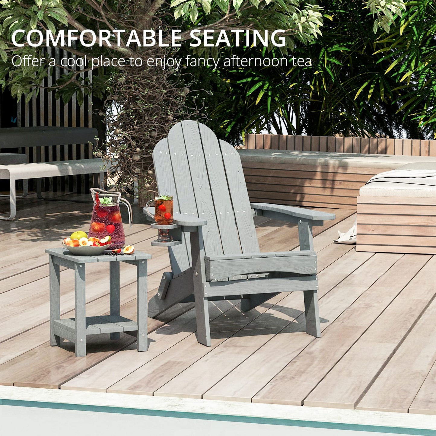 LUE BONA Folding Adirondack Chair Set of 4, Dark Gray HDPS Fire Pit Patio Chairs Weather Resistant, Modern Plastic Outdoor Chairs with Cup Holder | All-weather-resistant, ergonomic curved design, all-day comfortable sitting, HDPS Distinct texture & vibran