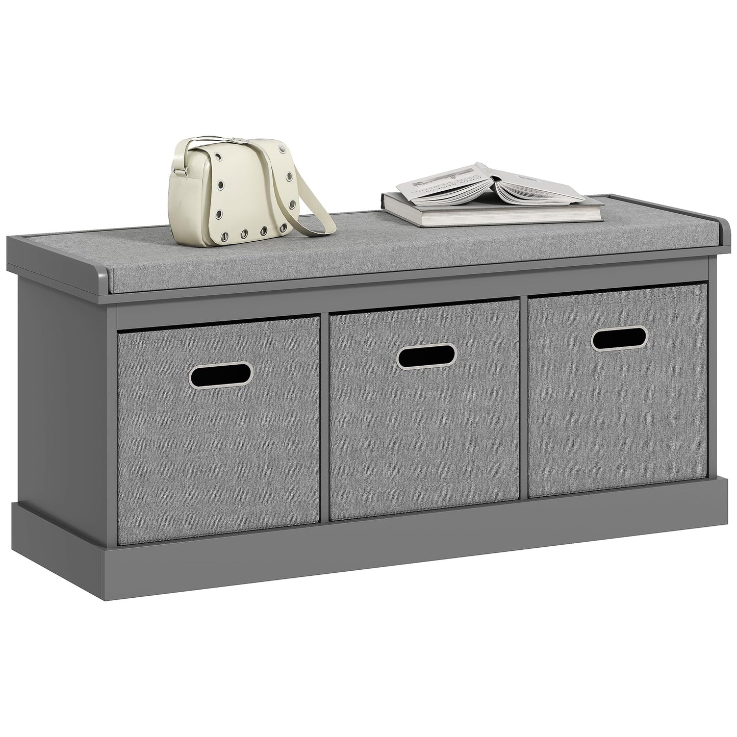 HOMCOM Shoe Bench with Seat Cushion 3 Foldable Fabric Drawers Washed Grey | Entryway Bench, Hallway, Living Room