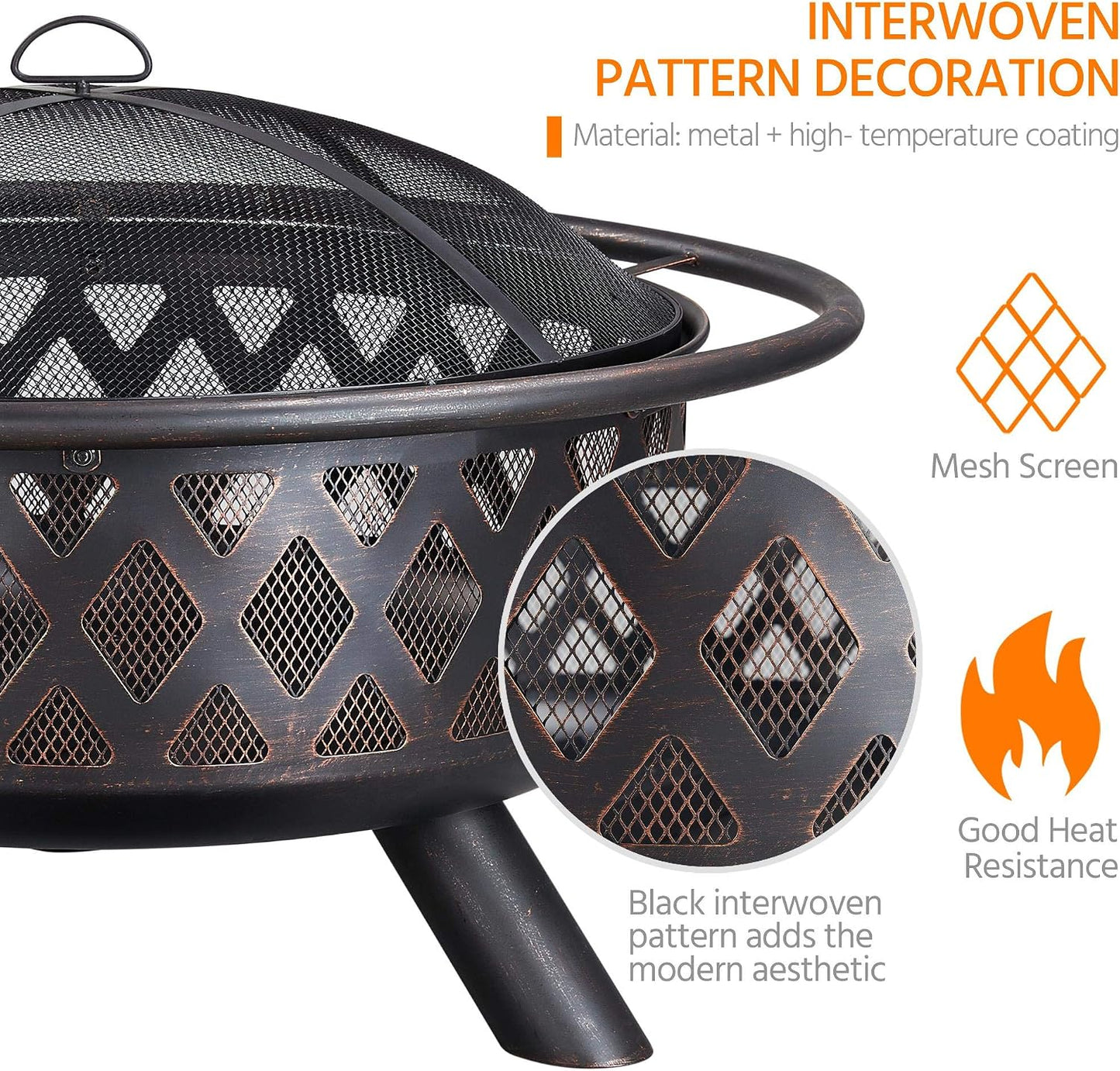 Yaheetech Fire Pit 36in Outdoor Wood Burning Fire Pits Wood Large Fire Bowl for Outside BBQ Bonfire Patio with Mesh Spark Screen, Poker and Rain Cover