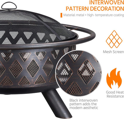 Yaheetech Fire Pit 36in Outdoor Wood Burning Fire Pits Wood Large Fire Bowl for Outside BBQ Bonfire Patio with Mesh Spark Screen, Poker and Rain Cover
