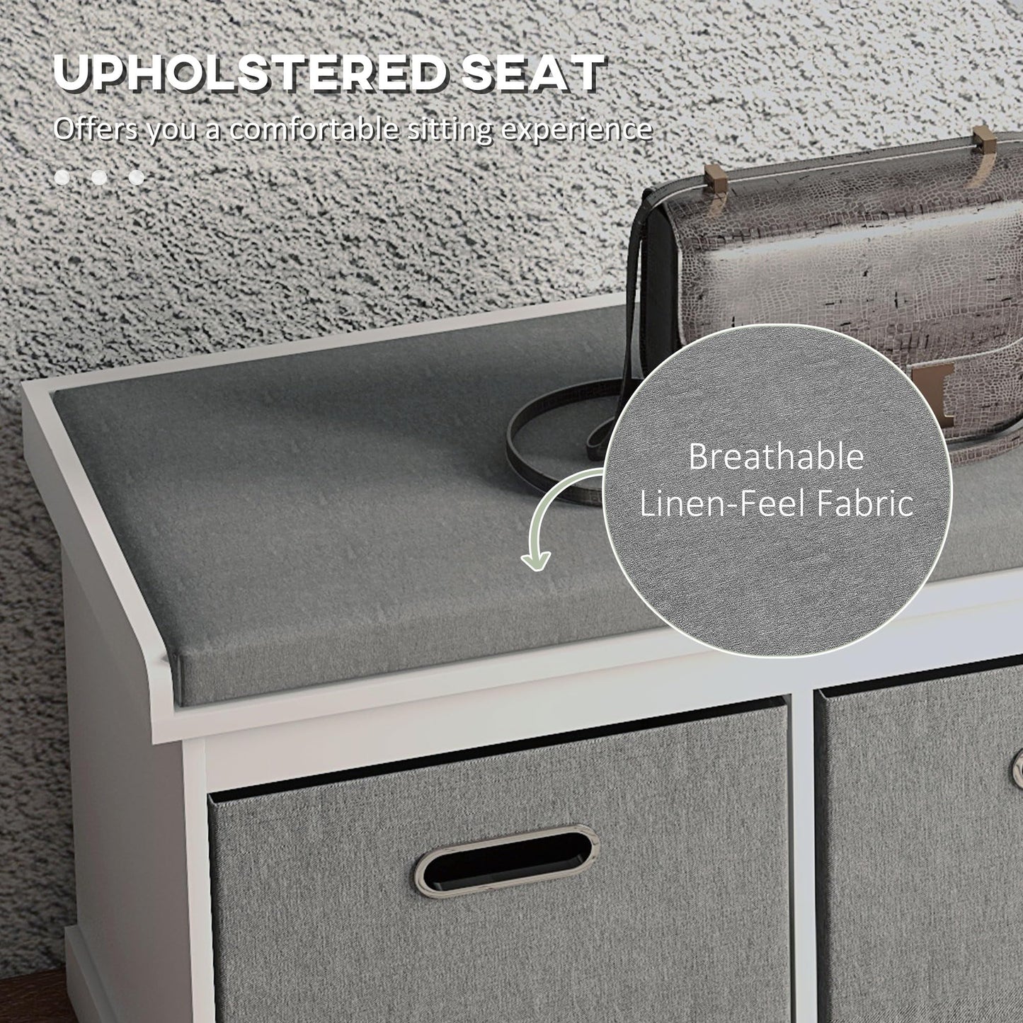 HOMCOM Shoe Bench with Seat Cushion 3 Foldable Fabric Drawers Washed Grey | Entryway Bench, Hallway, Living Room