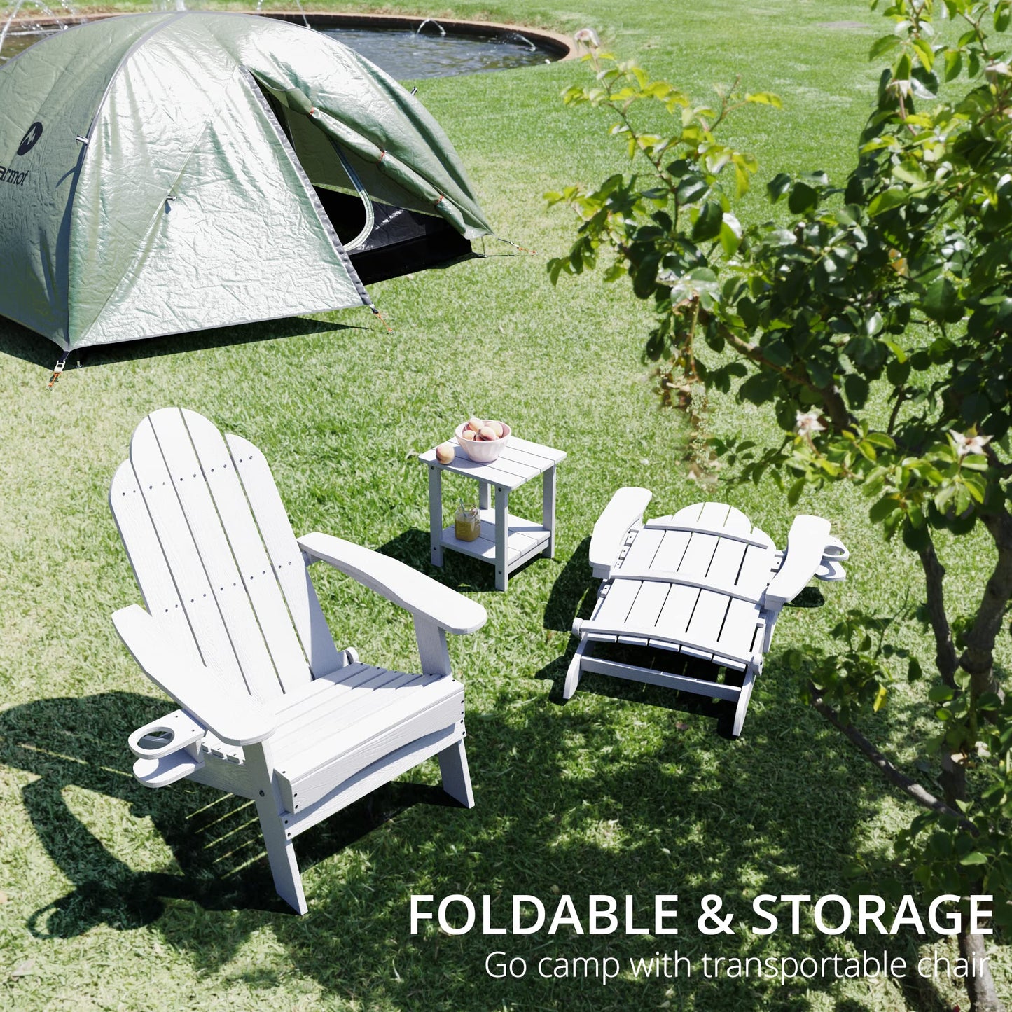 LUE BONA Folding Adirondack Chair Set of 4, Dark Gray HDPS Fire Pit Patio Chairs Weather Resistant, Modern Plastic Outdoor Chairs with Cup Holder | All-weather-resistant, ergonomic curved design, all-day comfortable sitting, HDPS Distinct texture & vibran