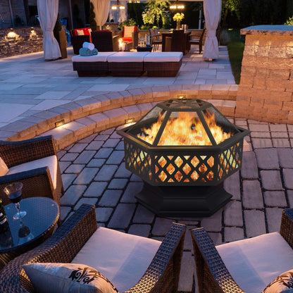 Yaheetech Hexagon Fire Pit Fireplace Portable Firepit Iron Brazier Wood Burning Coal Pit Hex Shaped Fire Bowl Stove with Spark Screen Cover for Outdoor Outside Camping Patio Garden Backyard 24in Black