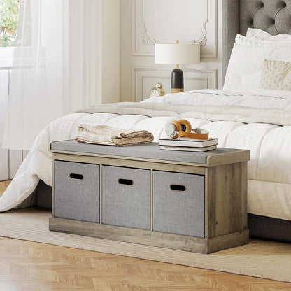 HOMCOM Shoe Bench with Seat Cushion 3 Foldable Fabric Drawers Washed Grey | Entryway Bench, Hallway, Living Room