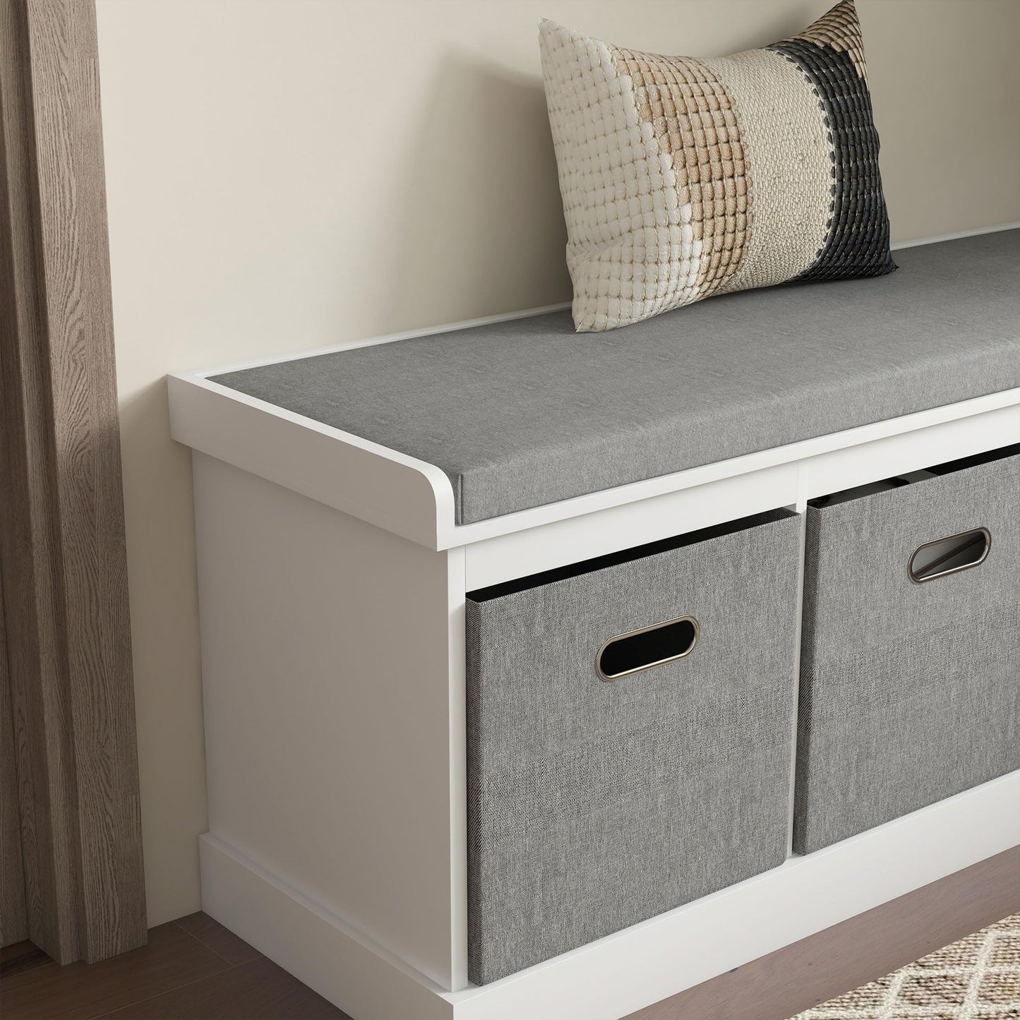 HOMCOM Shoe Bench with Seat Cushion 3 Foldable Fabric Drawers Washed Grey | Entryway Bench, Hallway, Living Room