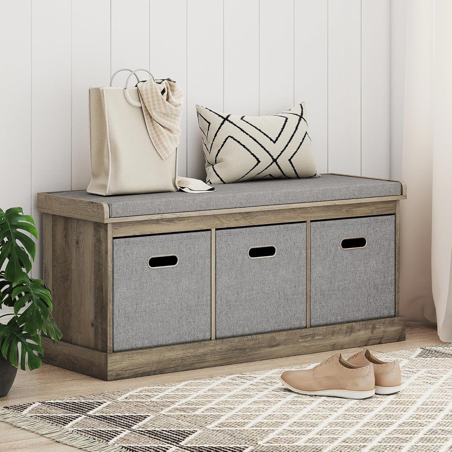 HOMCOM Shoe Bench with Seat Cushion 3 Foldable Fabric Drawers Washed Grey | Entryway Bench, Hallway, Living Room