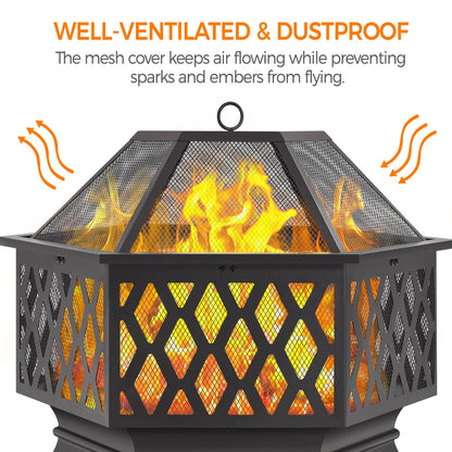 Yaheetech Hexagon Fire Pit Fireplace Portable Firepit Iron Brazier Wood Burning Coal Pit Hex Shaped Fire Bowl Stove with Spark Screen Cover for Outdoor Outside Camping Patio Garden Backyard 24in Black
