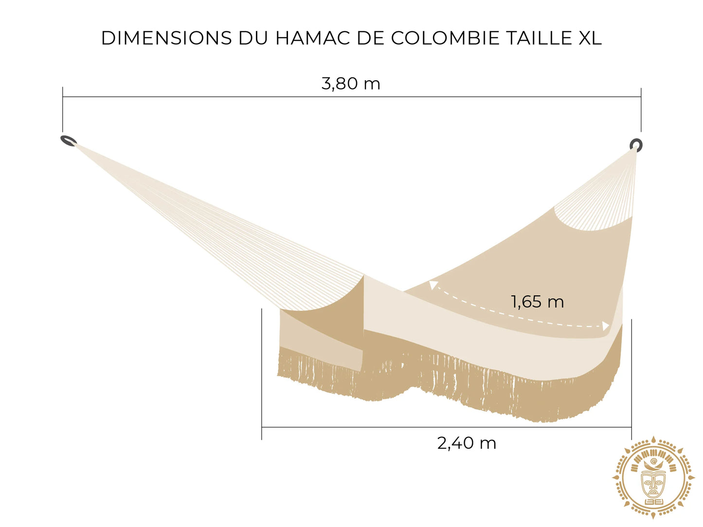 Dessin d'un hamac colombien fait main XL avec mesures détaillées