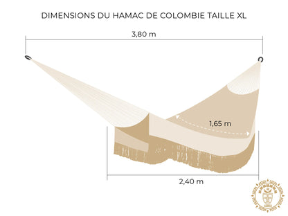 Dessin d'un hamac colombien fait main XL avec mesures détaillées