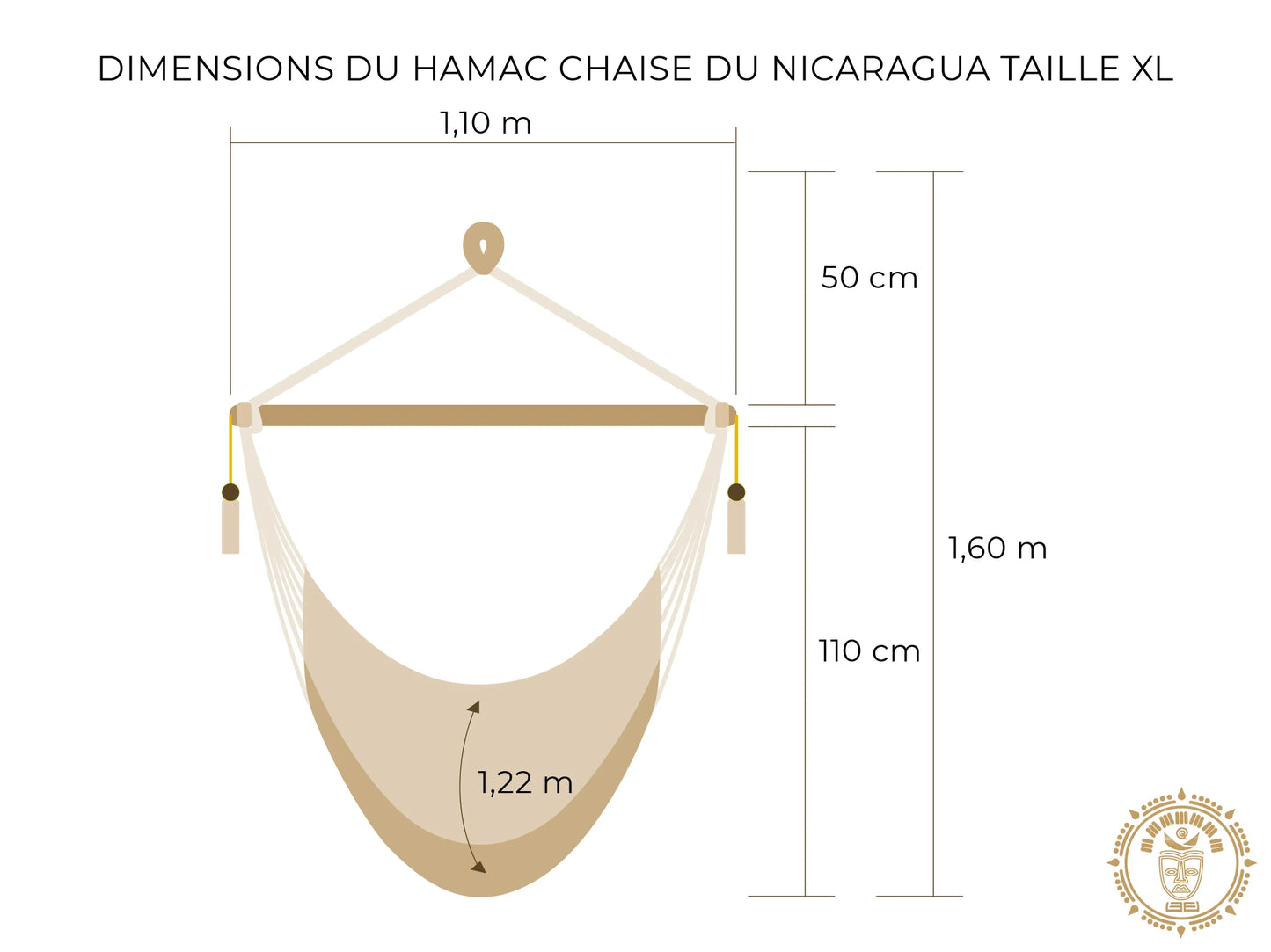 Dessin d'un hamac chaise du Nicaragua fait main XL avec mesures détaillées