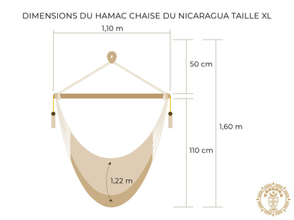 Dessin d'un hamac chaise du Nicaragua fait main XL avec mesures détaillées