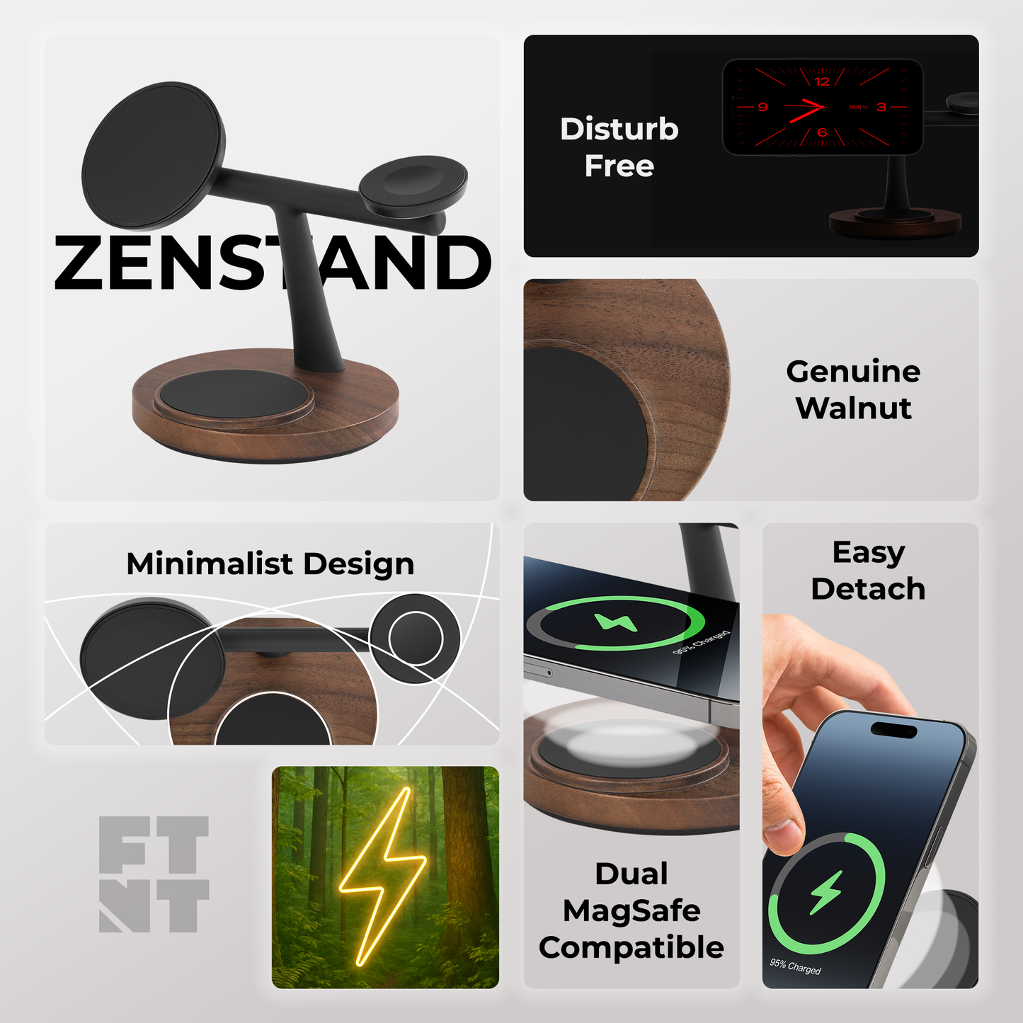 ZenStand 3-in-1 Genuine Wood Wireless Charger (MagSafe Compatible)