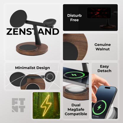 ZenStand 3-in-1 Genuine Wood Wireless Charger (MagSafe Compatible)