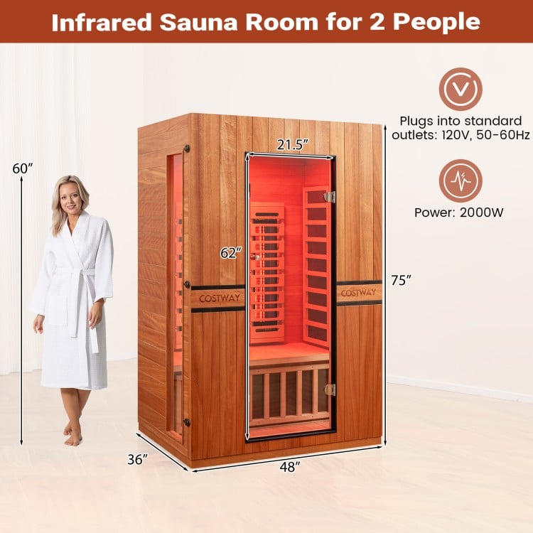 Costway 2-Person Dual Therapy Full Spectrum Infrared Sauna with Red Light Panel, WiFi App Control, Chromotherapy & Bluetooth – Okoume Wood- Fully Loaded Indoor Spa