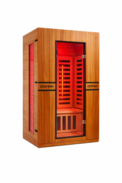 Costway 2-Person Dual Therapy Full Spectrum Infrared Sauna with Red Light Panel, WiFi App Control, Chromotherapy & Bluetooth – Okoume Wood- Fully Loaded Indoor Spa