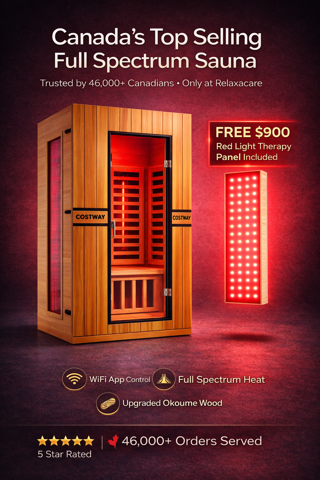 Costway 2-Person Dual Therapy Full Spectrum Infrared Sauna with Red Light Panel, WiFi App Control, Chromotherapy & Bluetooth – Okoume Wood- Fully Loaded Indoor Spa