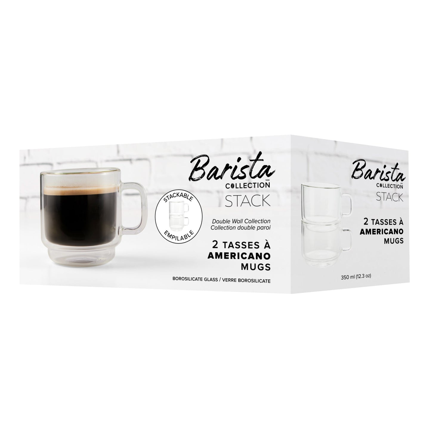 Insulated Double-Wall Glass Coffee Tea Hot or Cold Beverage Mug 2 Piece Set 350ml, Barista